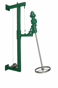 High-quality 3D render of an Agitation Resource ALS Group lifting mixer with a green wall-mounted frame, vertical lift system, and stainless steel mixing shaft with a ring-style impeller, designed for tote and drum agitation applications.