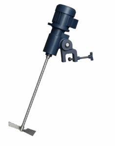 High-quality 3D render of an Agitation Resource ARIP portable mixer featuring a dark blue motor, stainless steel shaft, and clamp mount, designed for laboratory and industrial mixing applications.