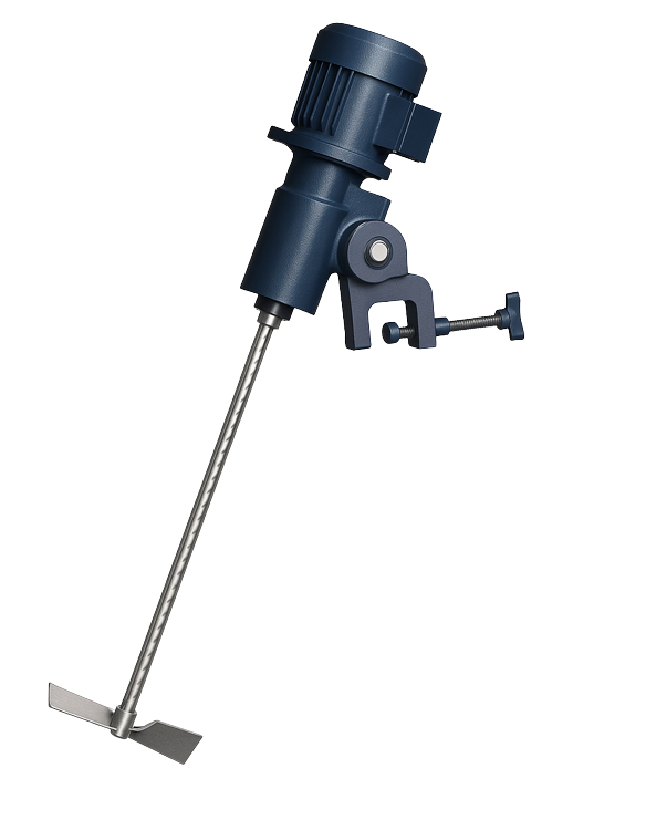 High-quality 3D render of an Agitation Resource ARIP portable mixer featuring a dark blue motor, stainless steel shaft, and clamp mount, designed for laboratory and industrial mixing applications.