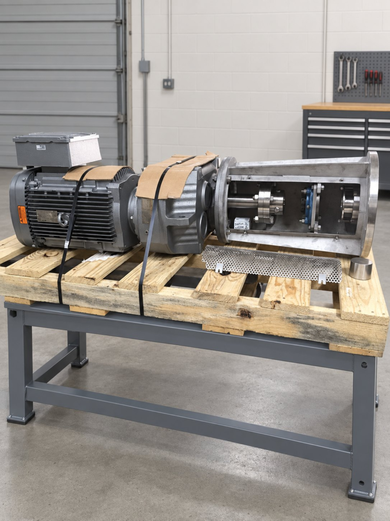 Replacement mixer drive with electric motor, helical gear reducer and pedestal, strapped for shipment.