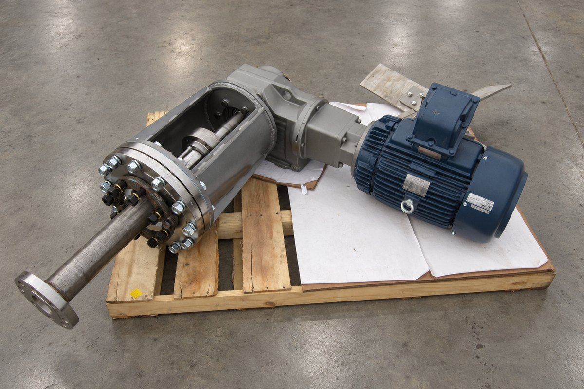 Completed mixer drive with gearmotor and stainless steel shaft assembly, built at the Agitation Resources facility in South Carolina.