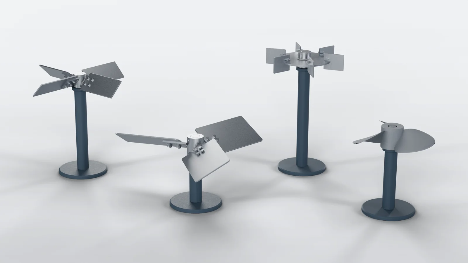 Agitation Resources impeller family: four CAD-rendered mixing impeller designs