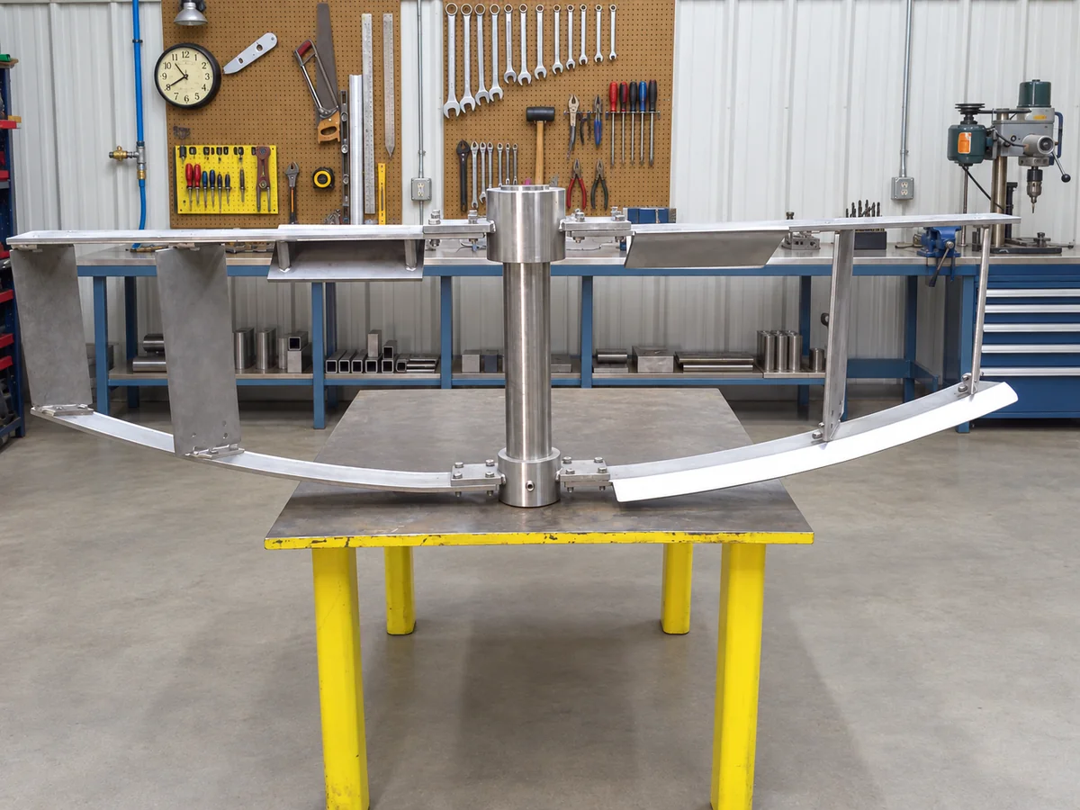 Stainless-steel agitator assembly on a worktable in the Agitation Resources shop.
